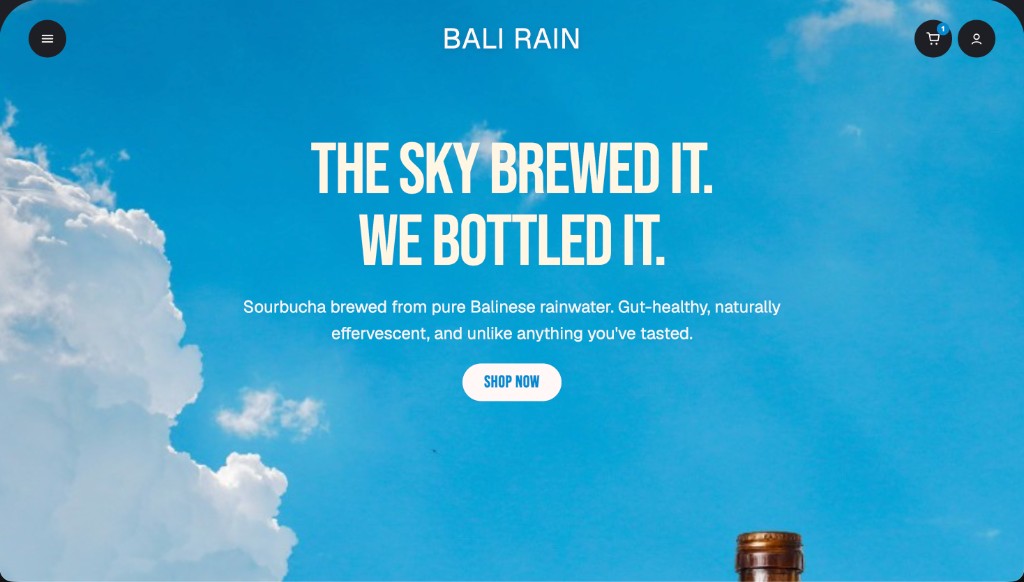 Bali Rain landing page hero — The Sky Brewed It. We Bottled It.