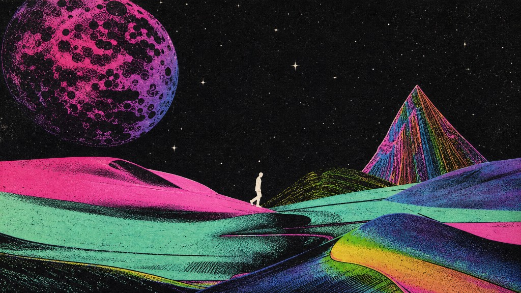 Figure walking across colorful dunes beneath a cratered moon