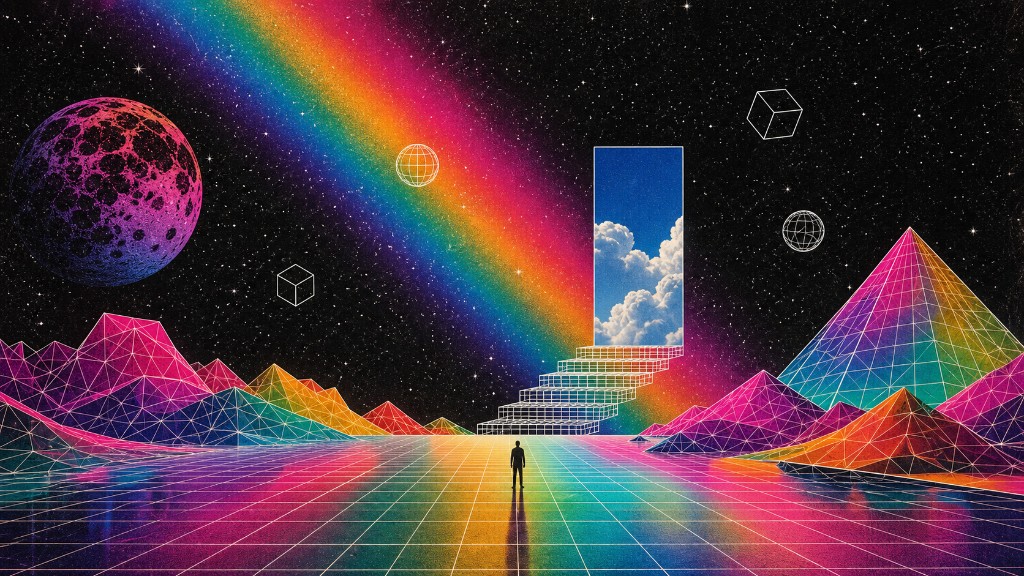 Figure on a grid floor facing a stairway to a doorway of clouds