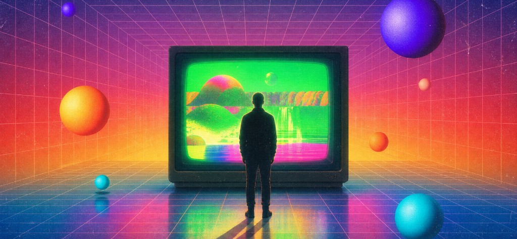 Figure facing a television in a retro grid room with floating spheres