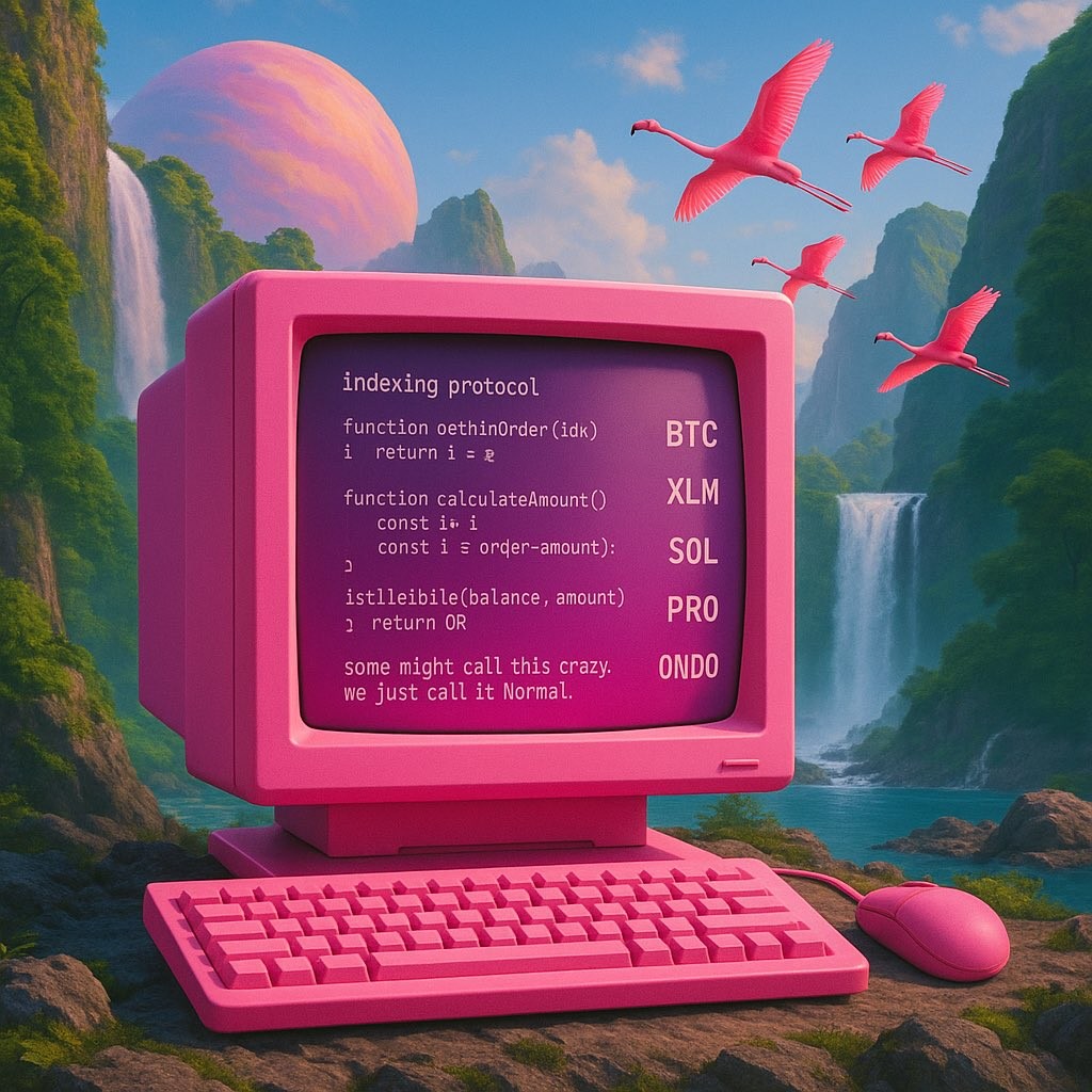 Normal design — pink computer in a tropical landscape