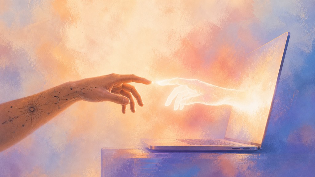 A human hand reaching toward a glowing hand emerging from a laptop screen