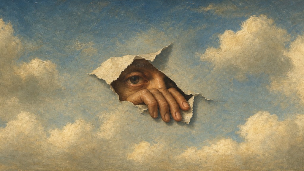 A painting of clouds in a blue sky torn open to reveal a human eye and hand